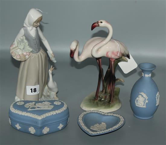 Keramos flamingo group, Nao girl with goose & 3 items of Wedgwood Jasperware